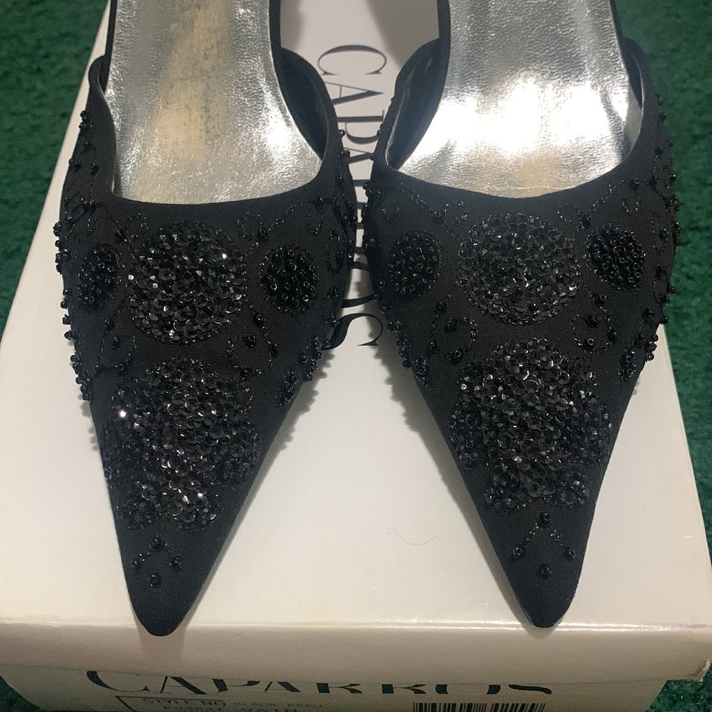 CAPARROS VAIN BLACK PEAU EVENING SLING BACK WITH STRAPS Size 10M 10B